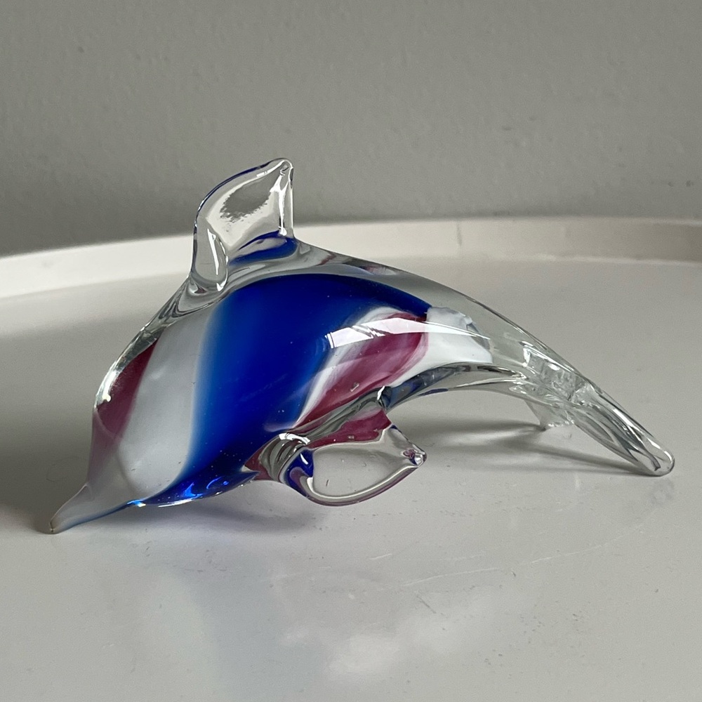 Vintage Hand Blown Art Glass Stripe Dolphin Paperweight Figurine